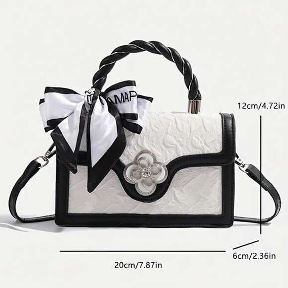 Chic Black/White Textures Floral Mini Crossbody Top Handle Bag w/Twilly - Picture 12 of 13